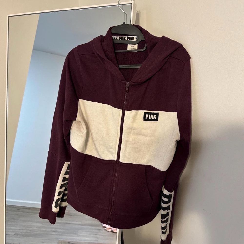 Victoria's Secret PINK Burgundy and White Zip-Up Hoodie
